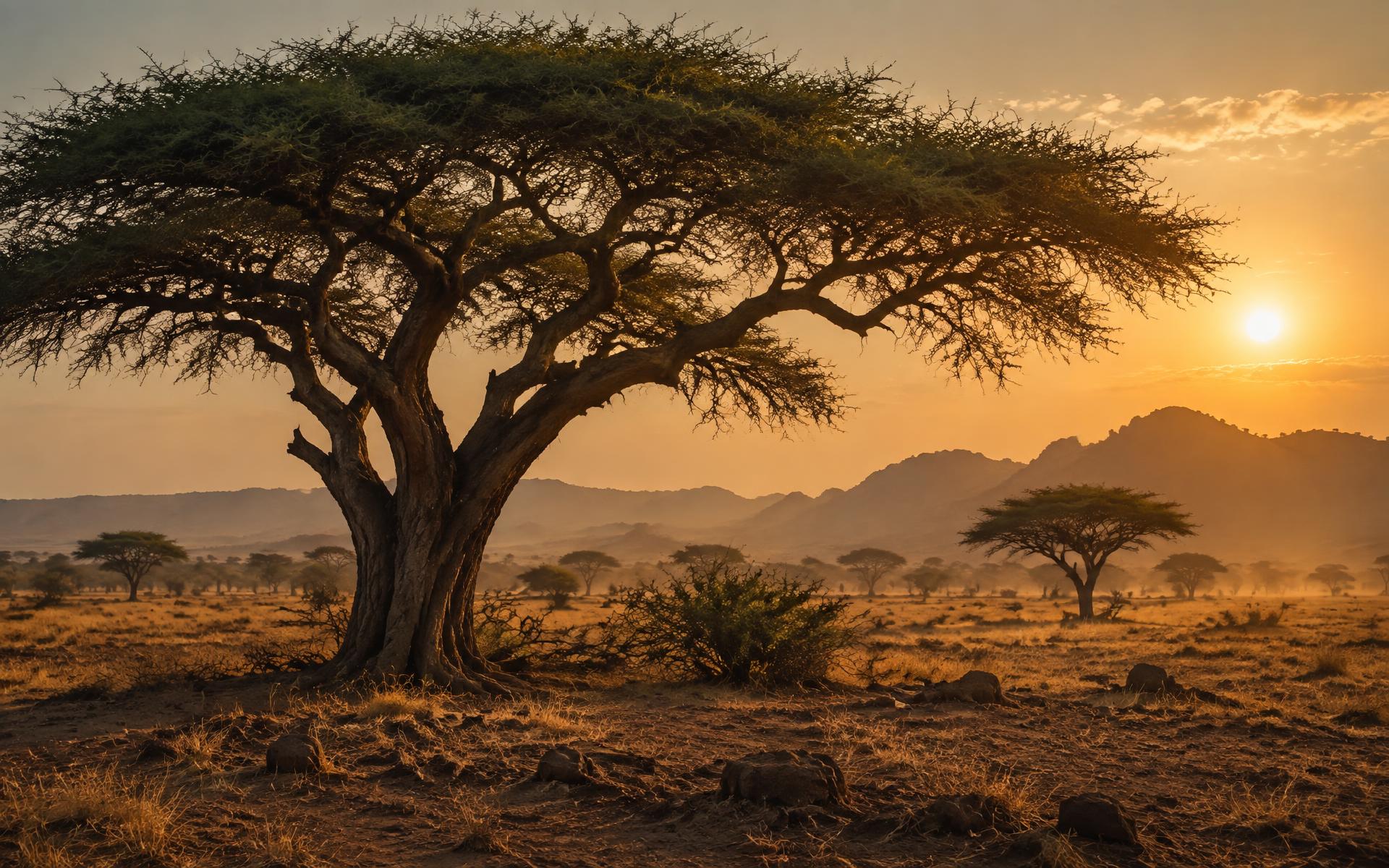 Acacia tree in the Sudanese savanna at golden hour